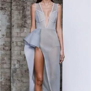 Prana Blue Grey Silver Asymmetrical Ruffled Cocktail Gala Dress